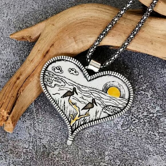 Heart Shaped Pendant with Rising / Setting Sun, Water and Pelicans #842 - Picture 1 of 7